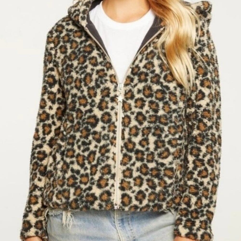 CHASER | Faux Sherpa Leopard Fur zip up Hoodie Jacket Hood Animal Print | Small